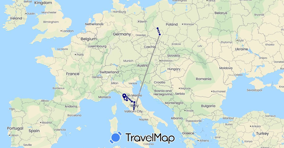 TravelMap itinerary: driving, plane in Italy, Poland (Europe)